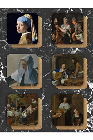 Johannes Vermeer Sanatı Temalı Ahşap Bardak Altlığı Ahşap Baskılı Altlık 6'lı Set (9 X9CM)