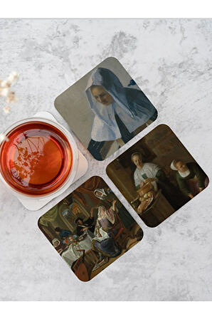 Johannes Vermeer Sanatı Temalı Ahşap Bardak Altlığı Ahşap Baskılı Altlık 6'lı Set (9 X9CM)