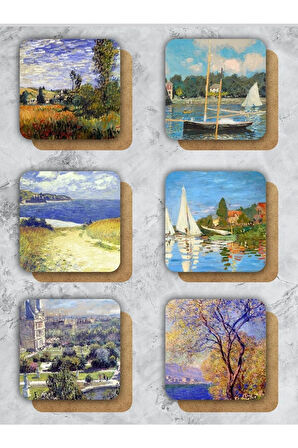 Claude Monet Temalı Ahşap Bardak Altlığı Ahşap Baskılı Altlık 6'lı Set (9 X9CM)