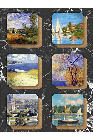 Claude Monet Temalı Ahşap Bardak Altlığı Ahşap Baskılı Altlık 6'lı Set (9 X9CM)