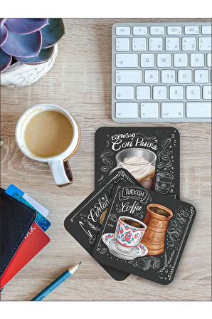 Vintage Kahve Fincanı Bardak Altlığı Ahşap Baskılı Altlık 6'lı Set (9 X9CM)