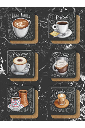 Vintage Kahve Fincanı Bardak Altlığı Ahşap Baskılı Altlık 6'lı Set (9 X9CM)