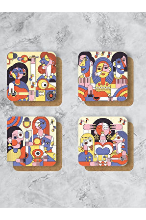 Picasso Temalı Bardak Altlığı Ahşap Baskılı Altlık 4'lü Set (9 X9CM)