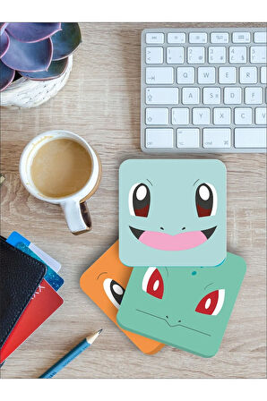 Pokemon Temalı Bardak Altlığı Ahşap Baskılı Altlık 4'lü Set (9 X9CM)