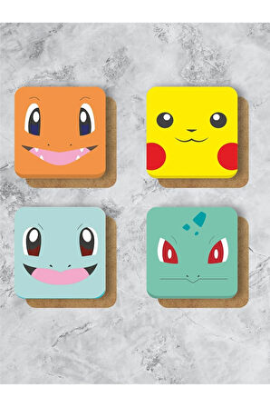 Pokemon Temalı Bardak Altlığı Ahşap Baskılı Altlık 4'lü Set (9 X9CM)