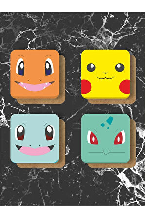 Pokemon Temalı Bardak Altlığı Ahşap Baskılı Altlık 4'lü Set (9 X9CM)