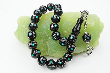 Maskot Yeşil Firuze Karpuz İşlemeli Oltu Sıkma Tespih