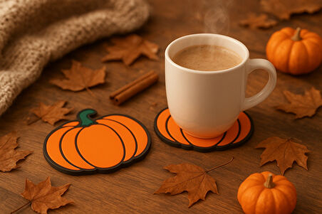 Balkabağı Cadılar Bayramı Tasarımlı Bardak Altlığı – Halloween Sonbahar Temalı Dekoratif (2’li Set)