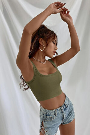 Kadın Haki Yeşili Kalın Askılı Crop Top Büstiyer