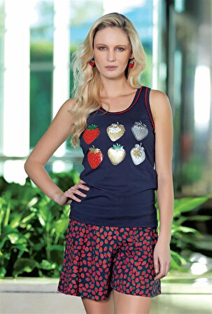 2490 Berrak Çilekli Kadın Şortlu Takım