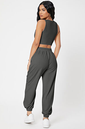 Kadın Antrasit Gri Kaşkorse Cepli Jogger Eşofman Altı Ve Crop Top Bluz