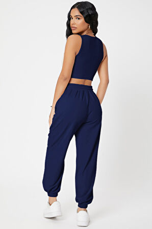 Kadın Lacivert Kaşkorse Cepli Jogger Eşofman Altı Ve Crop Top Bluz