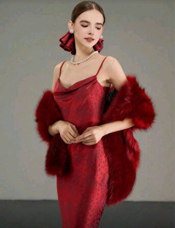 Kürk Orijinal Kırmızı Seksi Omuzluk Şık Kürk