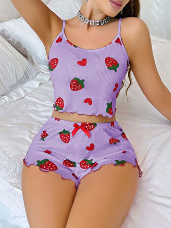 Kadın Mor Çilek Desenli Şortlu Pijama Takımı 5061