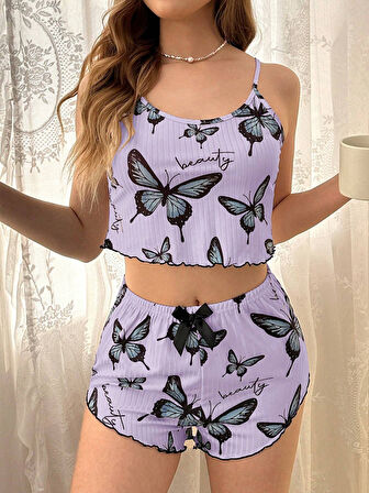 Mor Renk Kelebek Desenli Şortlu Ev Giyim Takımı,kadın Yazlık Askılı Pijama, Rahat Ve Şık Ev Giyim