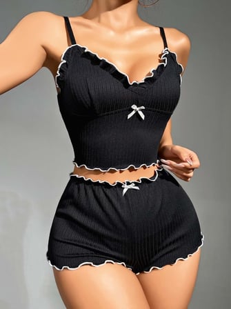 Kadın Siyah Fitilli Askılı Şortlu Pijama Takım 6659