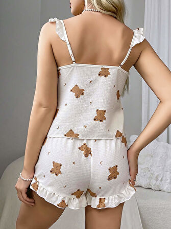 Pamuklu Ayıcık Desen Fırfırlı Askılı Şortlu Pijama Takımı