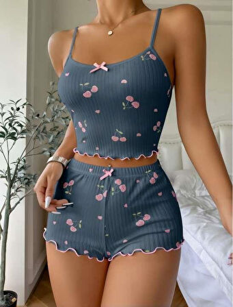 Mavi Kiraz Desenli Askılı Şortlu Pijama Takımı
