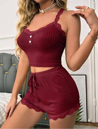 Bordo Dantel İşlemeli Fitilli Askılı Şortlu Pijama Takımı