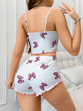 Pamuklu Beyaz Üstüne Pembe Kurdela Desenli Fitilli Askılı Şortlu Pijama Takımı