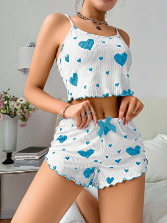 Kadınbeyaz Mavi Kalp Desenli Askılı Şortlu Pijama Takım 6657