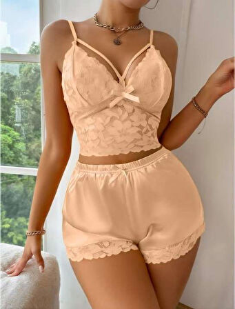 Sarı Dantelli Büstiyer İnce Askılı Saten Şortlu Takım