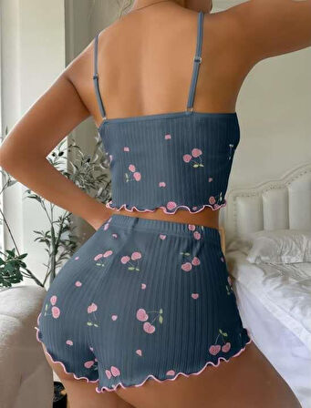 Mavi Kiraz Desenli Askılı Şortlu Pijama Takımı