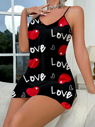 Love Desenli Saten Gecelik