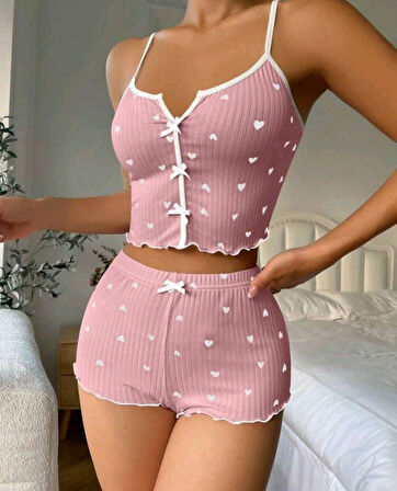 Kadın Pembe Kalpli Askılı Şortlu Pijama Takım 6654