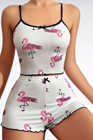 Pamuklu Beyaz Üstüne Pelikan Desen Fitilli Askılı Şortlu Pijama Takımı