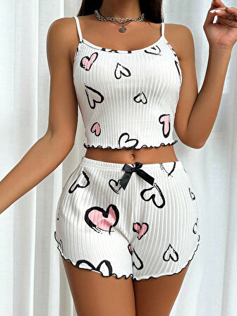 Beyaz Kalp Desen Detaylı 2li Pijama Takımı