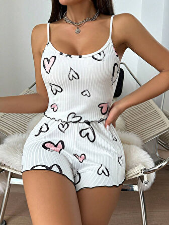 Beyaz Kalp Desen Detaylı 2li Pijama Takımı