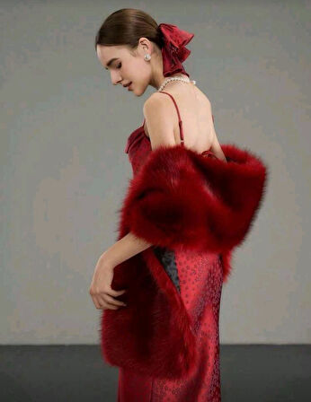 Kürk Orijinal Kırmızı Seksi Omuzluk Şık Kürk