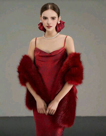 Kürk Orijinal Kırmızı Seksi Omuzluk Şık Kürk