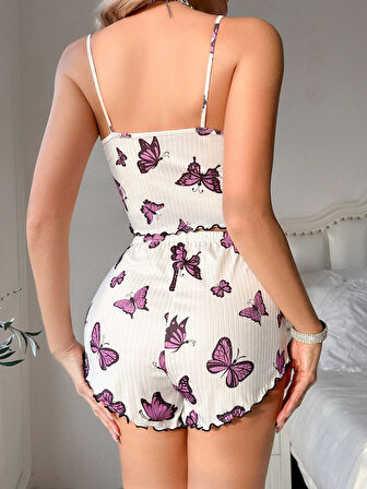 Kadın Lila Kebek Desenli Mini Şortlu Takım