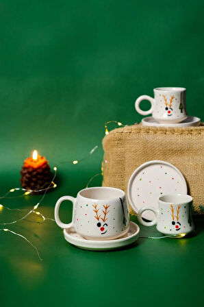 Yılbaşı Seramik Fincan ve Tabaklı Kupa Seti, Seramik Kupa, Mug, Nescafe Kupası, Handmade