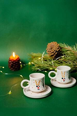 Yılbaşı Seramik Fincan ve Tabaklı Kupa Seti, Seramik Kupa, Mug, Nescafe Kupası, Handmade