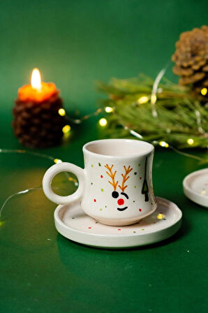Yılbaşı Seramik Fincan ve Tabaklı Kupa Seti, Seramik Kupa, Mug, Nescafe Kupası, Handmade