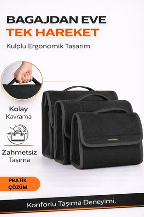 Oto Bagaj Organizer Bagaj Çantası 3'lü Kombo Boy Kaymaz Cırt Bantlı Velur Kompakt Düzenleyici - 3LX3