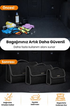 Oto Bagaj Organizer Bagaj Çantası 3'lü Kombo Boy Kaymaz Cırt Bantlı Velur Kompakt Düzenleyici - 3LY3