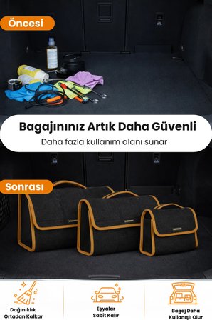 Oto Bagaj Organizer Bagaj Çantası 3'lü Kombo Boy Kaymaz Cırt Bantlı Velur Kompakt Düzenleyici - 3LY5