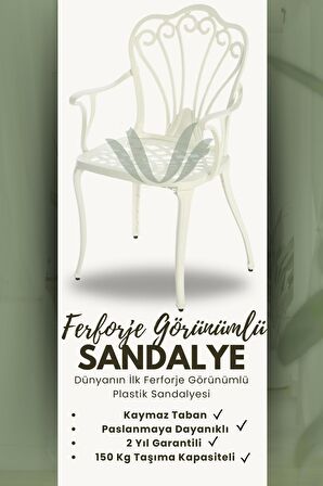 Ferforje Görünümlü 150 Kg Taşıma Kapasiteli 2 Yıl Garantili %100 Plastik Dış Mekana Uygun Beyaz Masa ve Sandalye Takımı