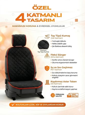 Oto Koltuk Kılıfı Tay Tüyü 4 Katmanlı Minder Tekli Ön – Terletmez,Kaymaz,Su Geçirmez,Airbag Uyumlu - Y1