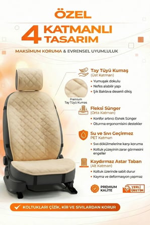 Oto Koltuk Kılıfı Tay Tüyü 4 Katmanlı Minder Tekli Ön – Terletmez,Kaymaz,Su Geçirmez,Airbag Uyumlu - Y9