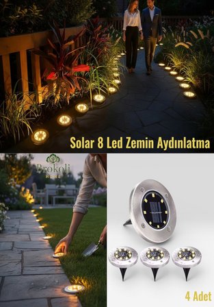 Solar 8 LED Zemin Aydınlatma | Su Geçirmez | Gömme Yol Işığı | 4 Adet | Bahçe Aydınlatma | Ip65 |