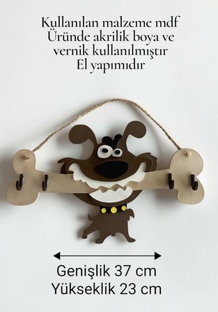 El Yapımı Sevimli Köpek Figürlü Ahşap Anahtarlık Askılığı Dekoratif Anahtar Askısı 4 Kancalı 