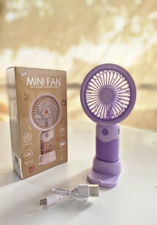 Mini Fan USB Şarjlı Mini El Fanı Taşınabilir Vantilatör 3 Kademeli Sessiz Fan Telefon Tutucu Mor Ren