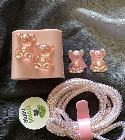Brokoli Home iPhone 18W/20W Uyumlu Şarj Kılıfı, Şarj Kablosu Örme Aparatı, Kablo Koruyucu Aparatı,Ayıcıklı