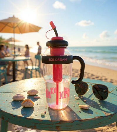 1300 ml Kulplu Suluk Matara Detox ve Soğuk İçecek Şişesi Pipetli Suluk Taşınabilir BPA içermez Pembe