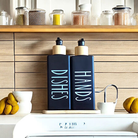 Brokoli Home 2’li Siyah Beyaz Dekoratif Mutfak Banyo Sıvı Cam Sabunluk Seti 300ml Bambu Stantlı Set